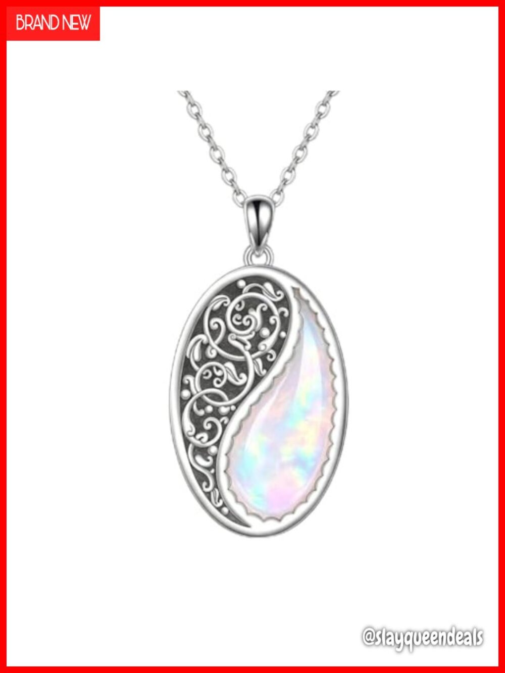 925 Sterling Silver Opal Moss Agate Filigree Pendant Necklace 18" Gift